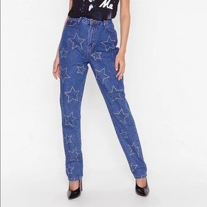 Nasty Gal Collection Mom Jeans Star Studded Blue Silver Sz  4 Nwt
